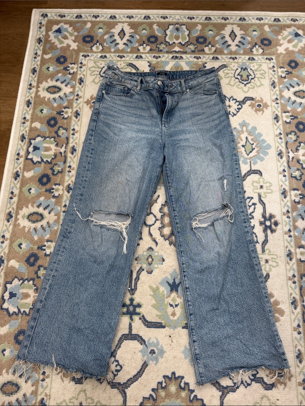 Express Distressed Wide-Leg Jeans — Light Blue